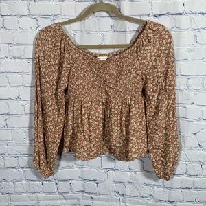 American Eagle Y2K Babydoll Smocked Puff Sleeve Top Floral Pink XS Cottagecore